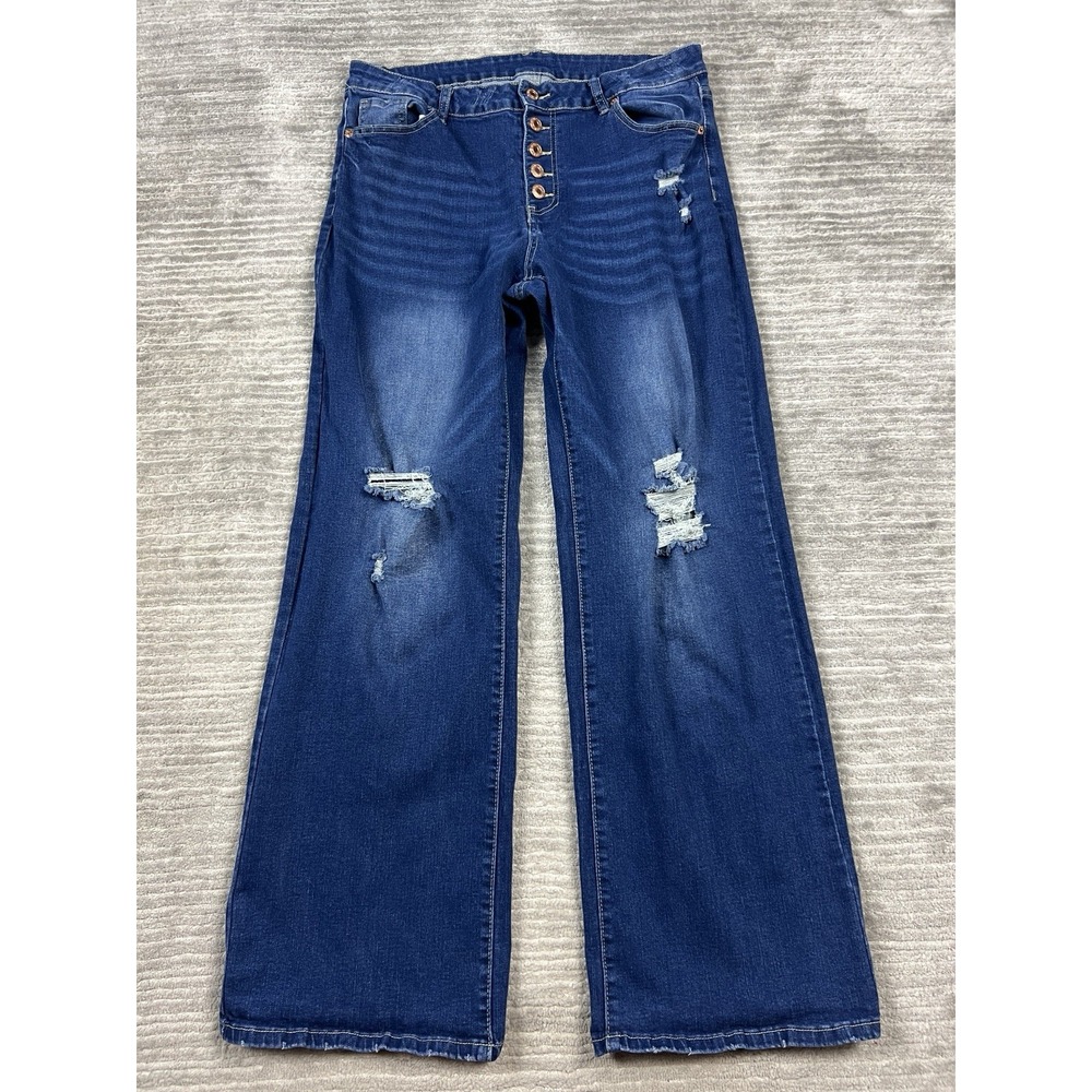 Fashion Wear Jeans Womens‎ XL Blue Denim Flare Destroyed Cotton Blend